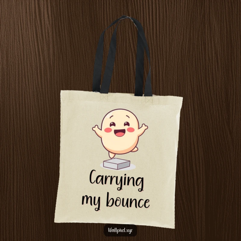 Funny pixelated blob tote bag, smiling and bouncing happily on square pixels, perfect for carrying items joyfully.