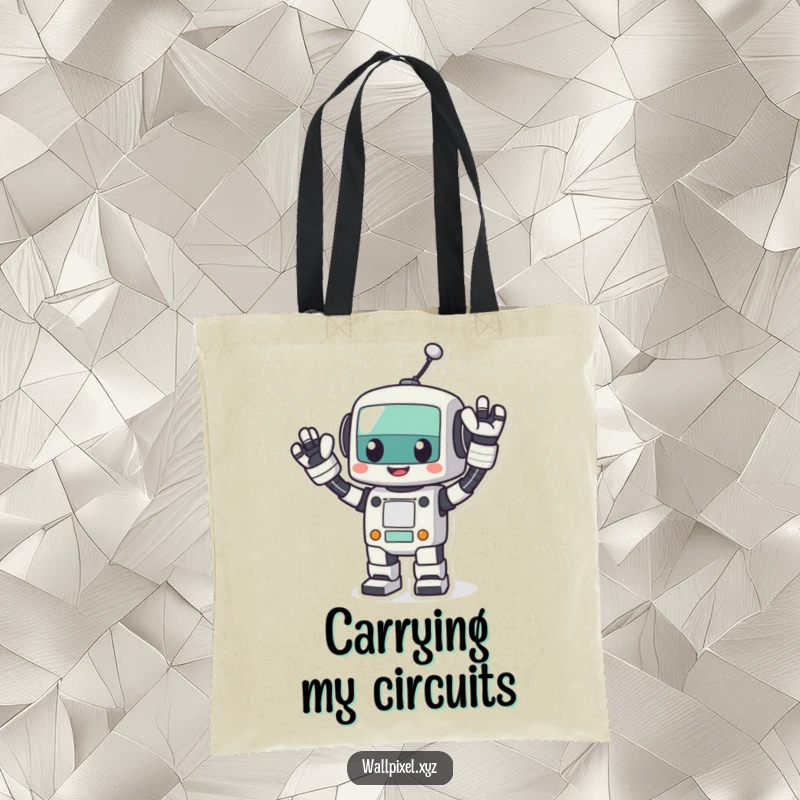 Funny pixel robot tote bag, a cheerful blocky robot waving energetically, perfect for carrying essentials with retro tech flair.