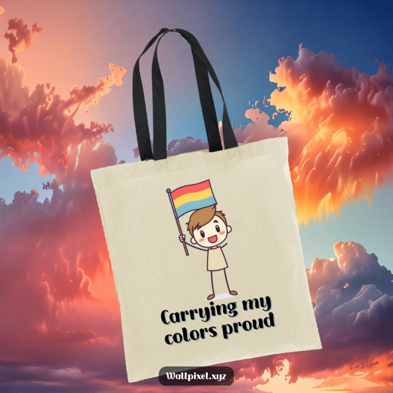 Funny tote bag featuring a stick figure character enthusiastically waving a pixelated flag, a humorous and practical carry-all.