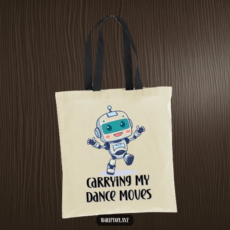 Funny tote bag featuring a pixelated robot character performing a clumsy, happy dance, a humorous and practical carry-all.