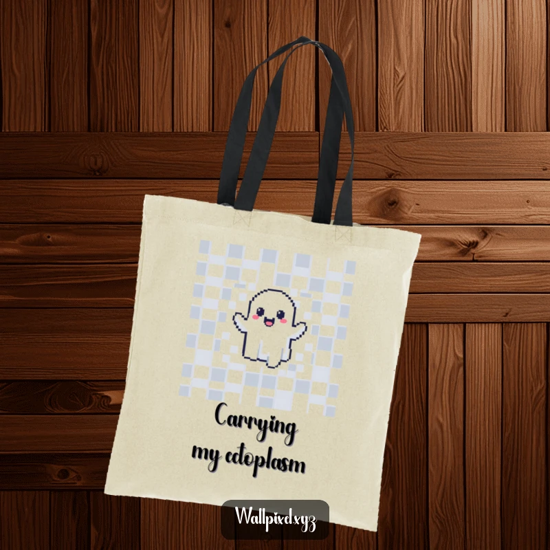 Funny pixelated ghost tote bag, joyfully phasing through a checkerboard wall, great for carrying essentials with style.