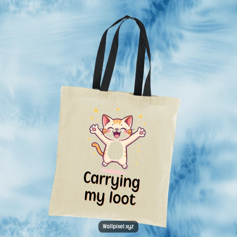 Funny pixel cat tote bag, a pixelated cat joyfully leaping amidst stars, designed for gamers with retro style.
