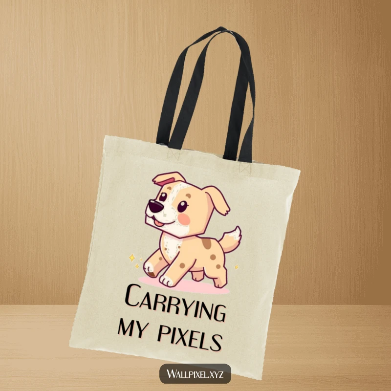 Funny tote bag illustration of a blocky pixelated dog chasing its tail, leaving a sparkling trail, perfect for shopping.
