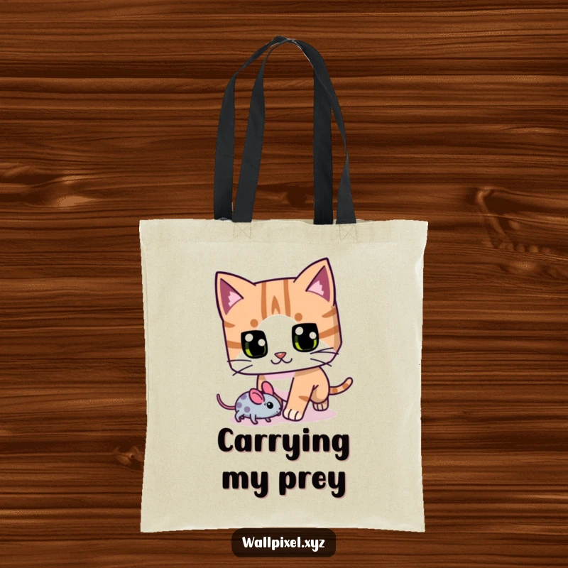 Funny blocky cat tote bag, with exaggerated pixel eyes, chasing a pixelated mouse, perfect for carrying essentials.
