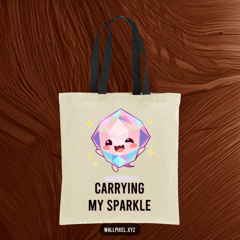 Funny gem bounce tote bag with a vibrant, faceted gem character joyfully bouncing, ready for errands.