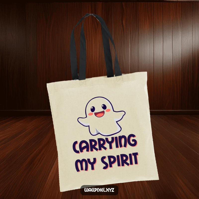 Funny tote bag featuring a determined pixelated ghost floating upwards, perfect for carrying essentials with spooky flair.