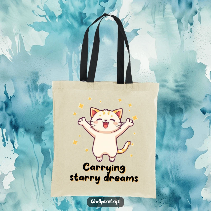 Funny pixel cat tote bag featuring a joyful leap and stars, symbolizing retro gaming enthusiasm and carrying style.