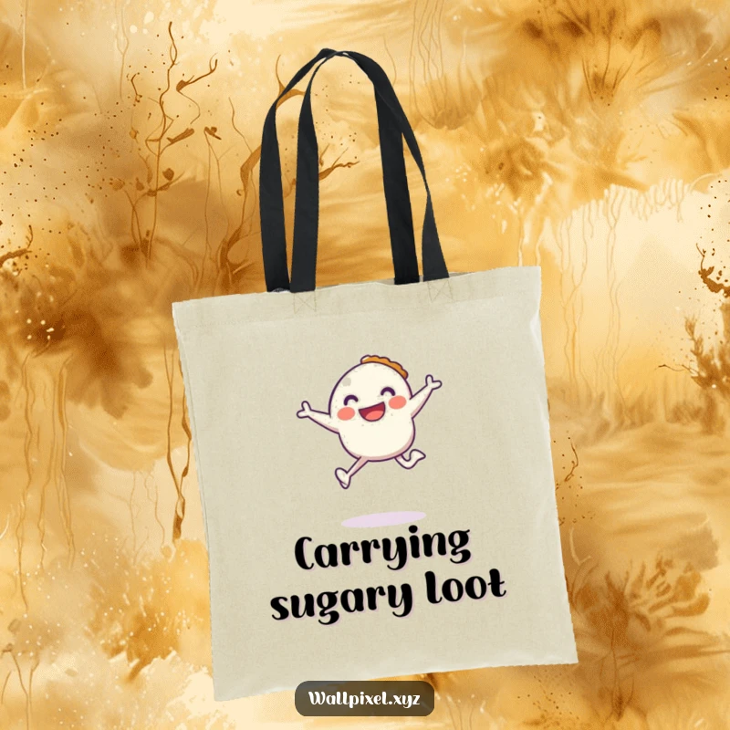 Funny tote bag featuring a pixel character jumping with a pixelated pie, ideal for carrying game controllers or snacks.