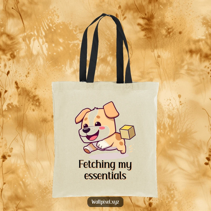 Funny block dog tote bag featuring a dog chasing a pixel cube, symbolizing playful pursuit and pixel art fandom.