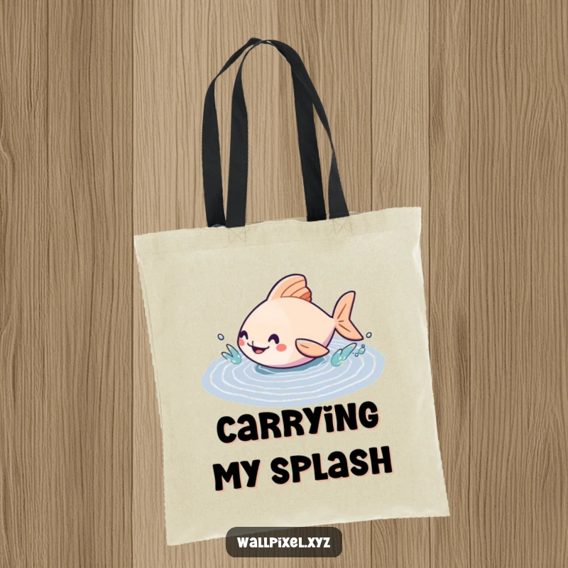 Funny tote bag featuring a geometric fish character splashing joyfully in a pixelated puddle, perfect for carrying daily items.