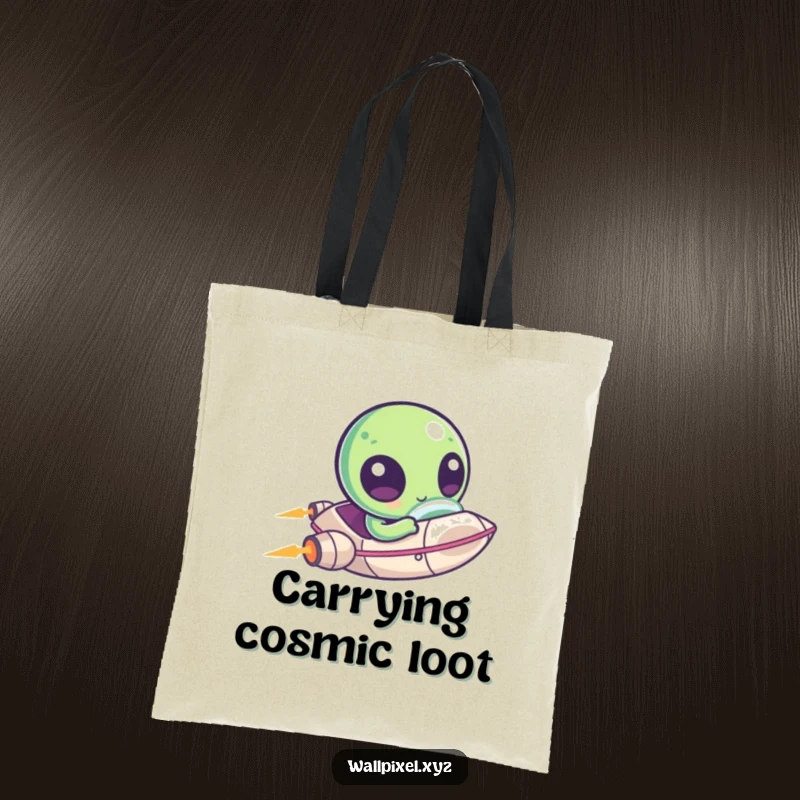 Funny tote bag showcasing a kawaii pixelated alien with oversized eyes zipping around in a tiny spaceship, perfect for cosmic errands.