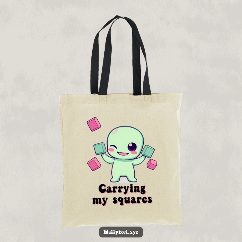 Funny pixel art tote bag showing a grinning pixelated alien character winking and juggling squares, perfect for retro gaming and sci-fi fans.
