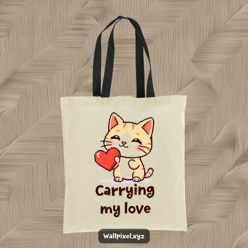 Funny tote bag showcasing a pixelated cat lovingly booping a shiny red pixel heart, merging retro style with adorable affection.