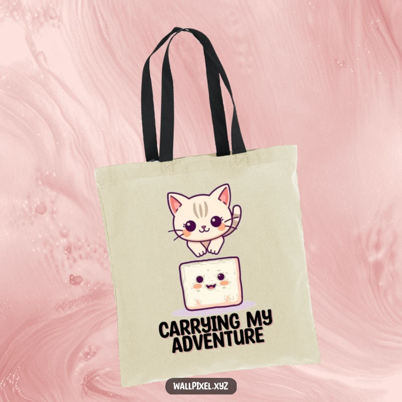 Funny tote bag with a pixelated cat leaping over a smiling square block, a cute and playful design.