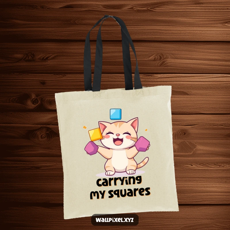 Funny tote bag illustration of a giggling pixelated cat juggling bright, bouncing squares, perfect for shopping.