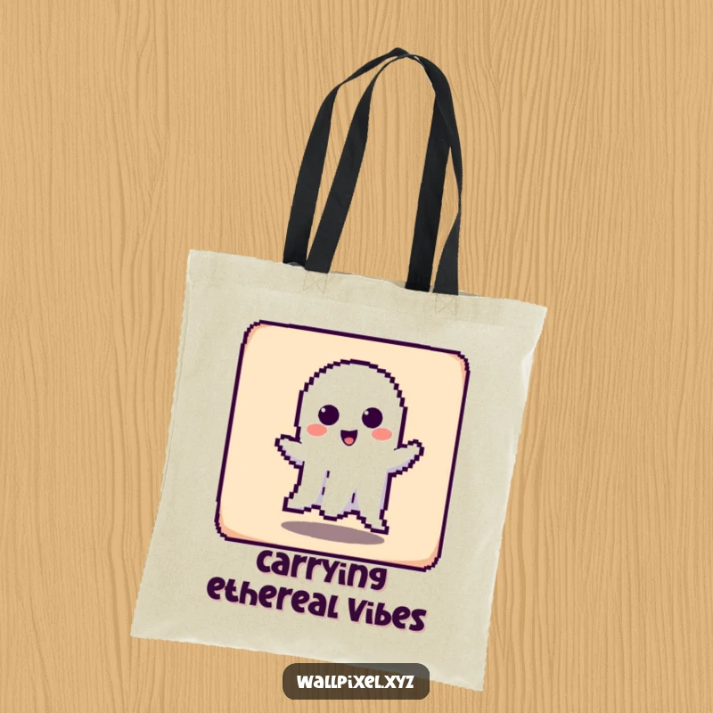 Funny tote bag featuring a pixelated ghost character playfully haunting a square, a humorous and practical carry-all.