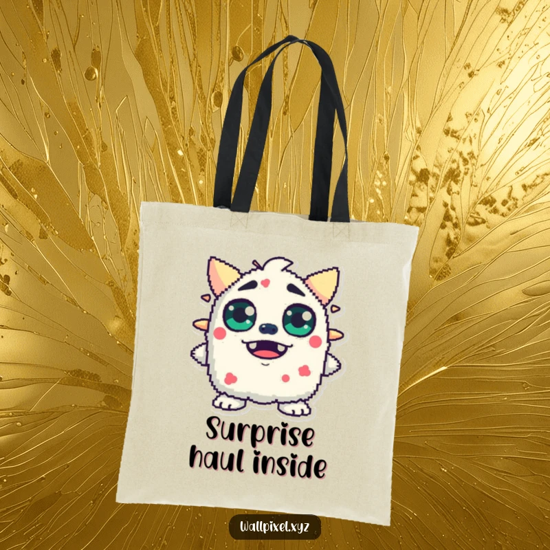 Funny tote bag featuring a pixelated monster with wide, blocky eyes expressing surprise, perfect for carrying daily items.