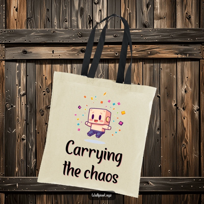 Funny tote bag with a blocky pixel character comically dodging pixelated confetti, symbolizing playful evasion and retro fun.