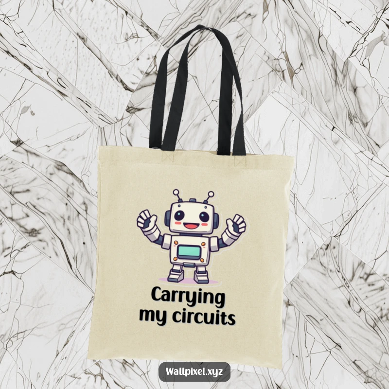 Funny pixel robot tote bag featuring a robot waving energetically, symbolizing retro tech enthusiasm and carrying style.