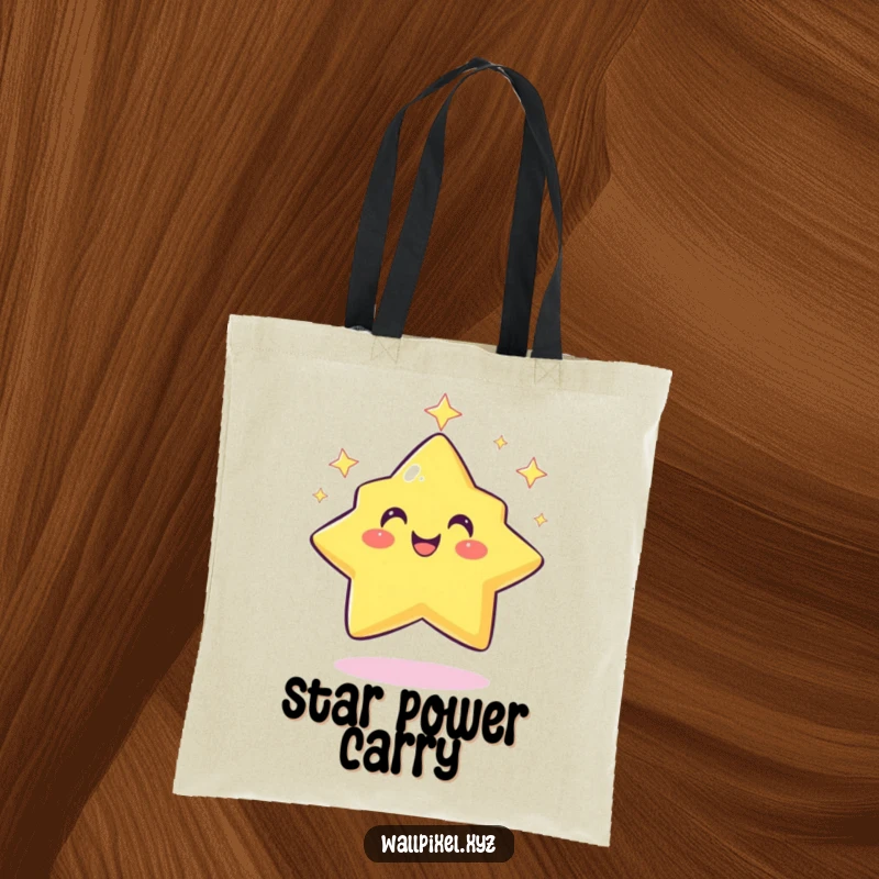 Funny pixel star tote bag featuring a smiling, retro character twinkling rhythmically, ideal for carrying essentials with gamer flair.