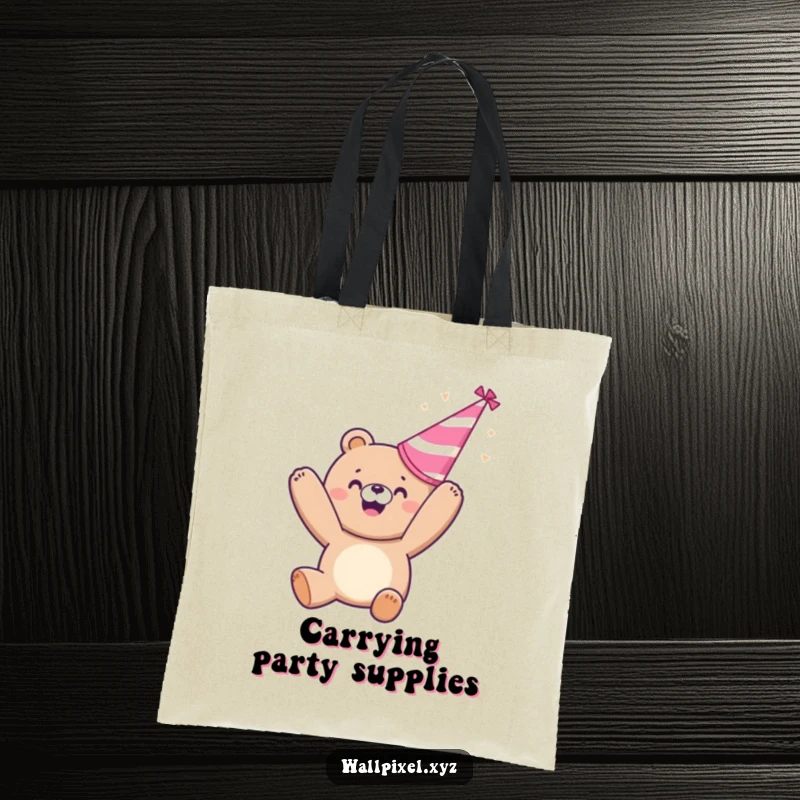 Funny tote bag: A jubilant pixelated bear throws a party hat in the air, a humorous and practical carry-all.