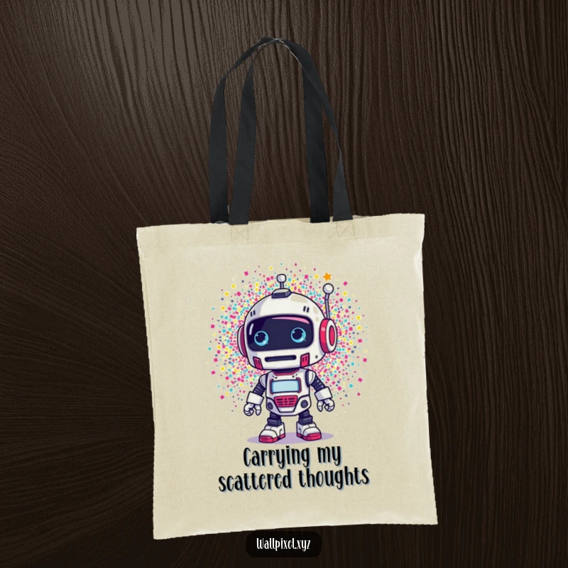 Funny tote bag: A surprised retro robot encounters a dazzling explosion of colorful pixels, a humorous and practical accessory.