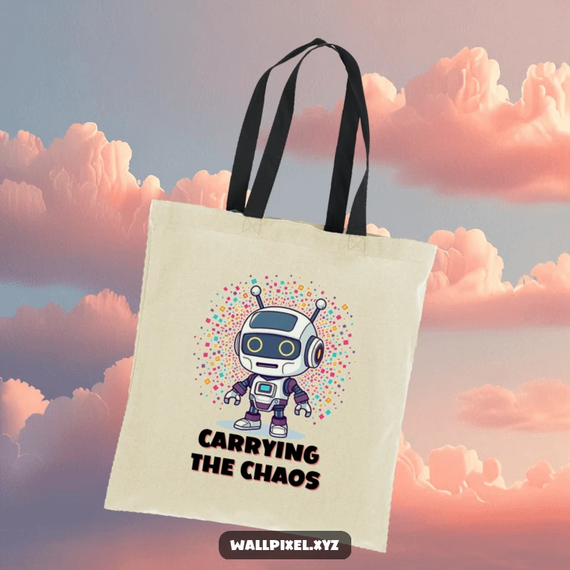 Funny Retro Robot Tote Bag: A durable tote bag with a retro robot character surprised by an explosion of colorful pixels.