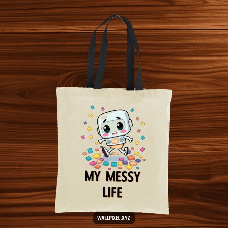 Funny tote bag featuring a retro character awkwardly tripping, scattering colorful squares, a humorous and artistic design.