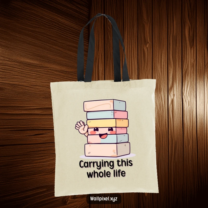 Funny tote bag showcasing a cheerful stack of blocks with a friendly wave, perfect for carrying cheerful vibes and groceries.