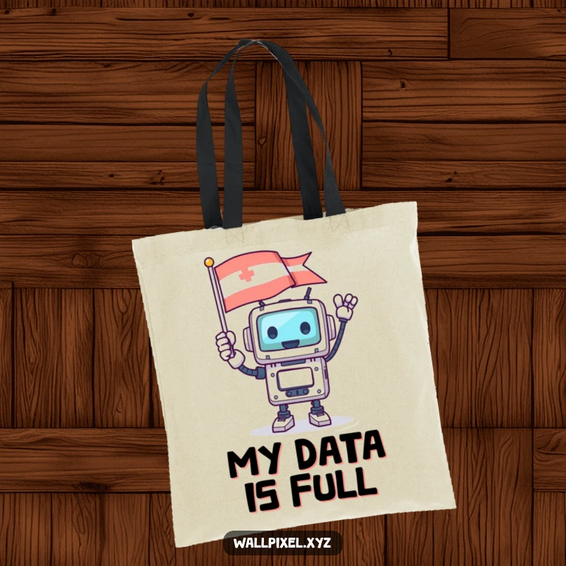 Funny square robot character waving a pixelated flag, with a happy, pixelated design, on a tote bag.