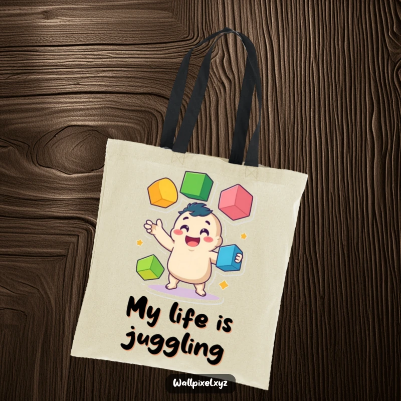 Funny tote bag print of a happy, wobbly pixelated character juggling colorful cubes, perfect for carrying groceries and good vibes.
